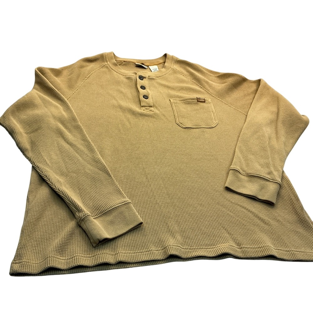 L.L. Bean Henley Shirt Waffle Knit Long Sleeve Tan XL Regular Casual Outdoor